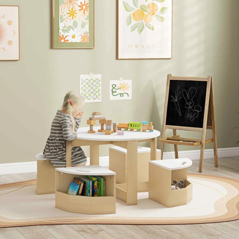 Qaba 5 Piece Kids Table and Chair Set with Storage for Kids Room, White