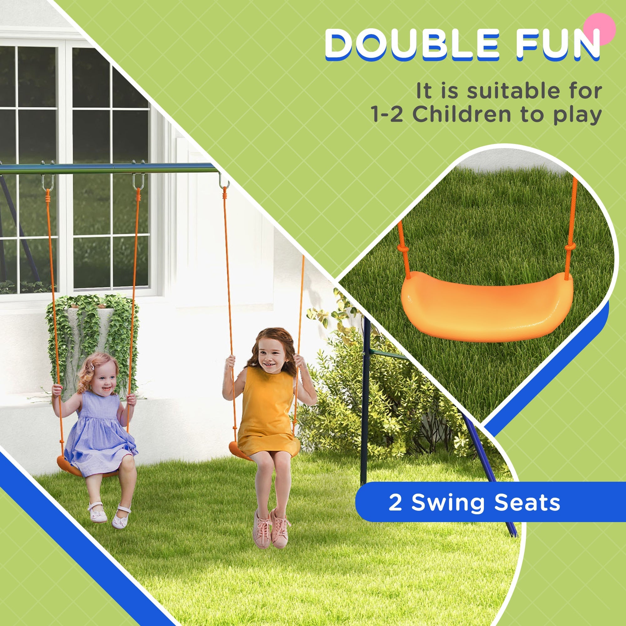 Outsunny Kids Swing Set Outdoor Metal Frame Double Swing Seats 1-2 Children 3-8 Years Playground 