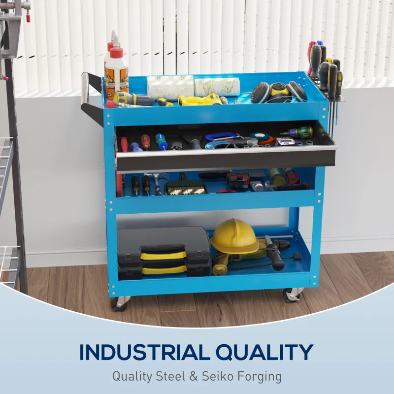 Tool Cart on Wheels, Utility Cart with Wheels, Ball Bearing Drawer, Storage Trays for Garage, Warehouse, Workshop, Blue