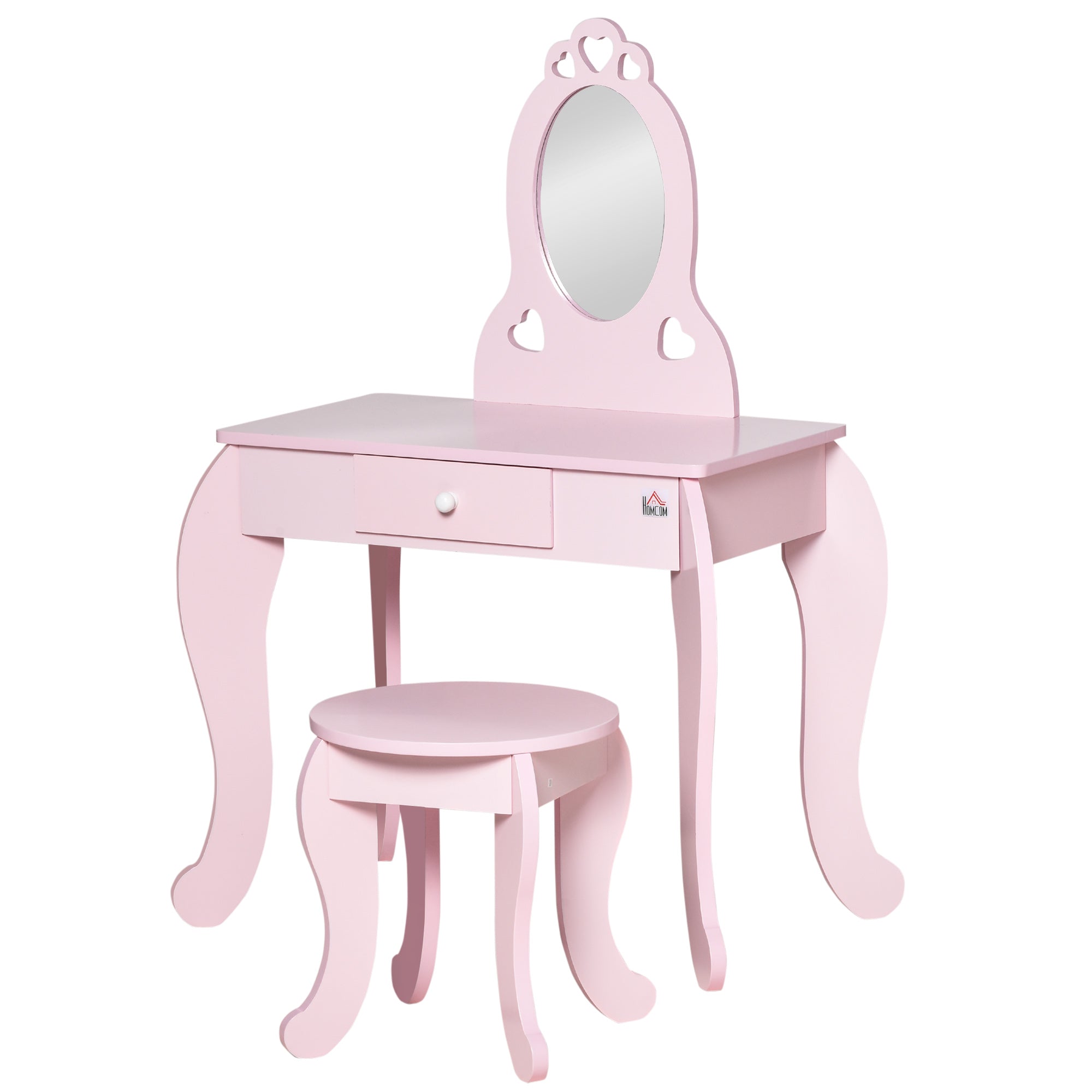 Qaba Kids Vanity Table Set with Mirror and Stool, Drawer, for 3-6 Years, Pink 