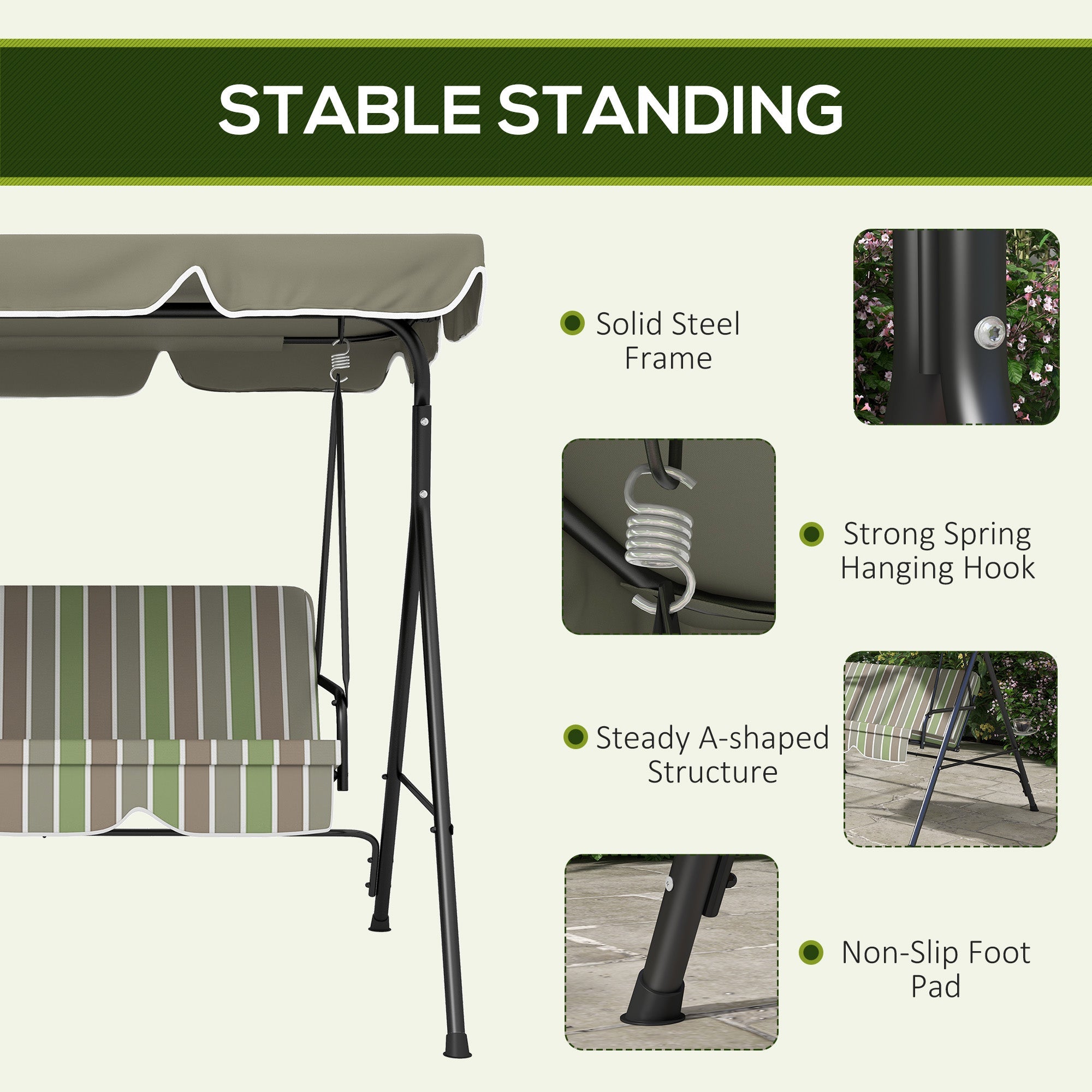 Outsunny 3-Seater Porch Swing with Adjustable Canopy - Outdoor Patio Swing Chair, Garden, Poolside, Green/Brown 