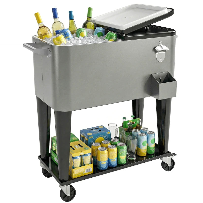80 Quart Rolling Patio Cooler Cart with Storage Shelf, Patio Cooler with Locking Wheels, Bottle Opener & Cap Catcher