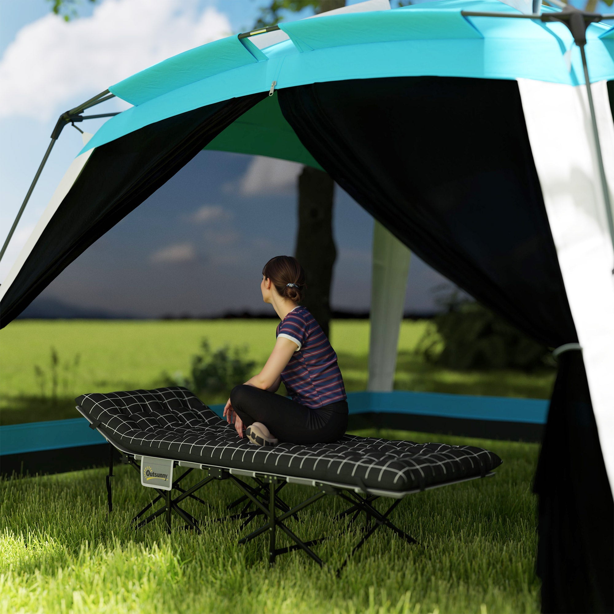 Outsunny 26.4" Wide Folding Bed, Camping Cot for Adults with Mattress, Storage Pocket, Carry Bag, Max Load 330 LBS, Black 