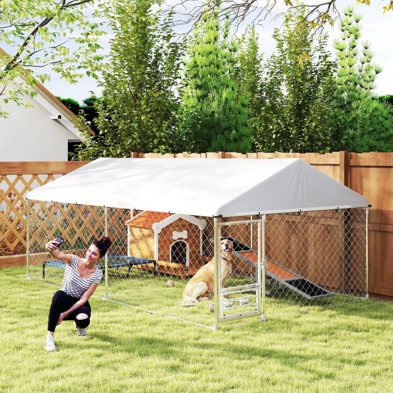 Outdoor Dog Run w/ Adjustable & Rotating Bowls, Water-Resistant UV-Resistant Cover, Secure Lock, 13.1' x 7.5' x 5.2'