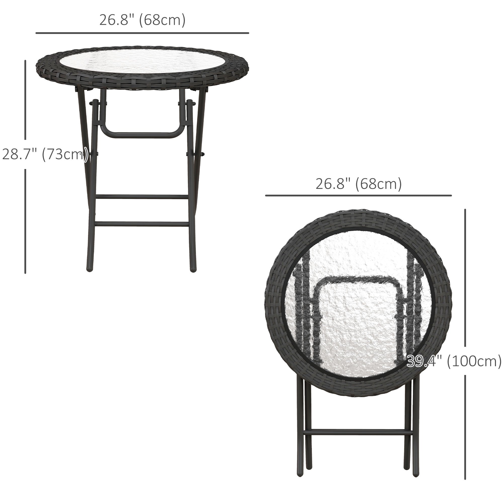 Outsunny Folding Round Table Tempered Glass Metal with Rattan Edging Black 