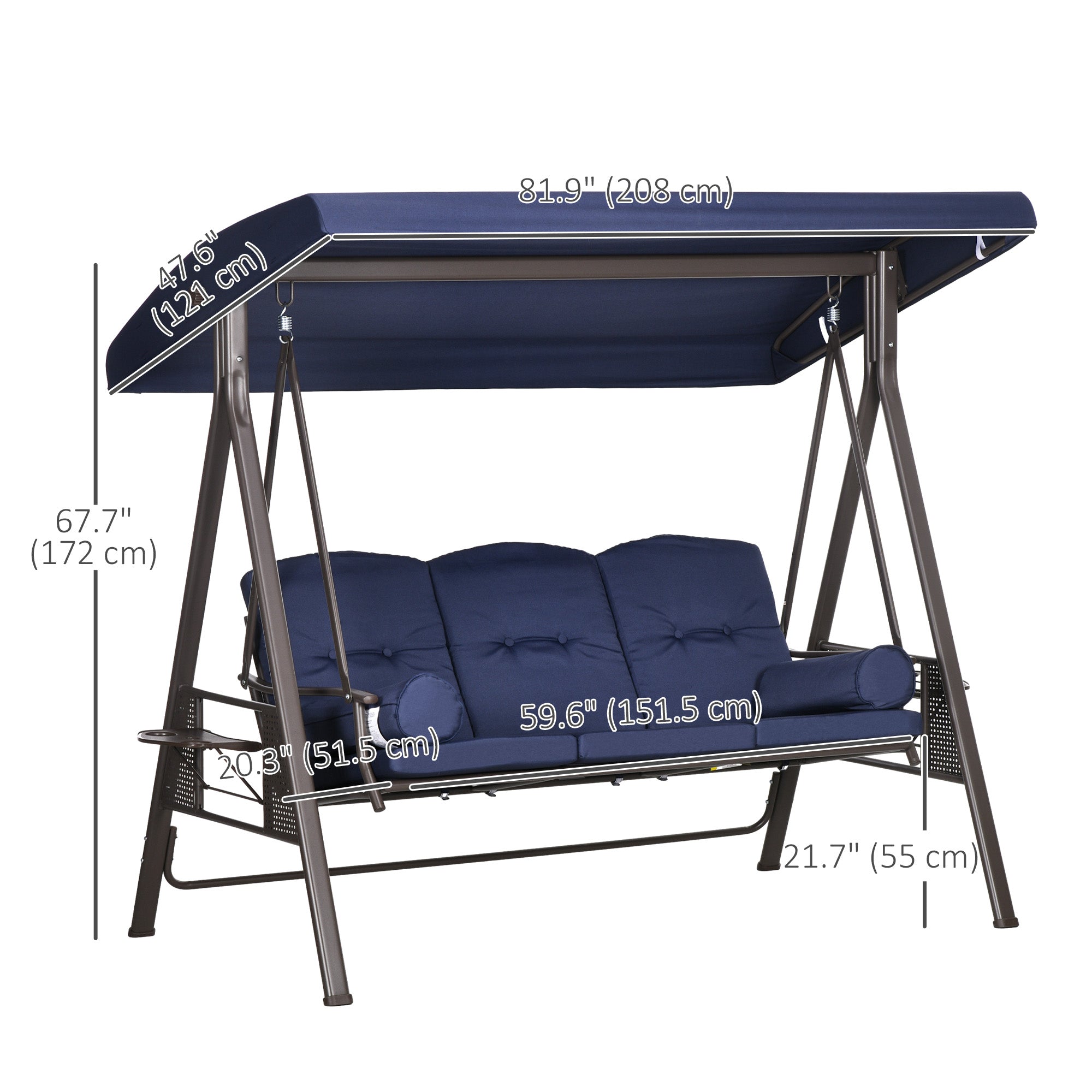 Outsunny Outdoor Patio 3-Person Steel Canopy Cushioned Seat Bench Swing with Included Side Trays & Padded Comfort, Dark Blue 