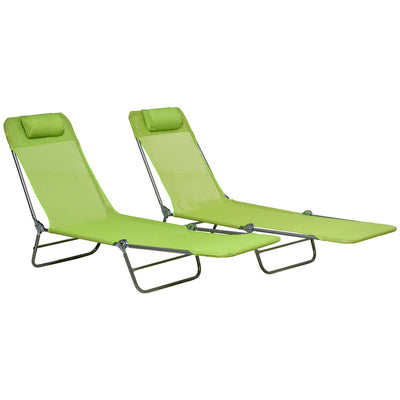 Outsunny Folding Chaise Lounge Chairs Set of 2 Outdoor Poolside Sun Tanning Green with Pillow Reclining Backrest 