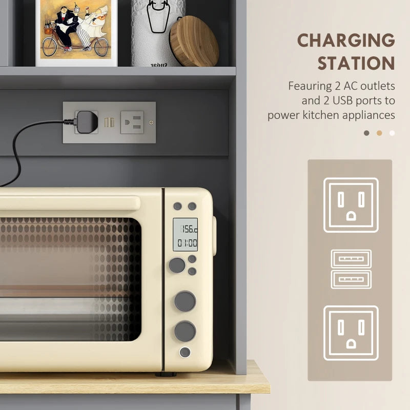Kitchen Cabinet with Charging Station, 2 Tilt Out Cabinets, Microwave Stand, Freestanding Kitchen Pantry Cabinet, Grey