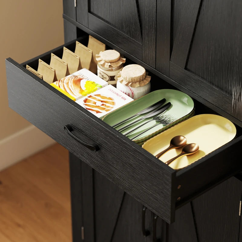 72" Kitchen Pantry Cabinet, Farmhouse Kitchen Storage Cabinet with 4 Barn Doors, 6 Door Shelves, Drawer, Black