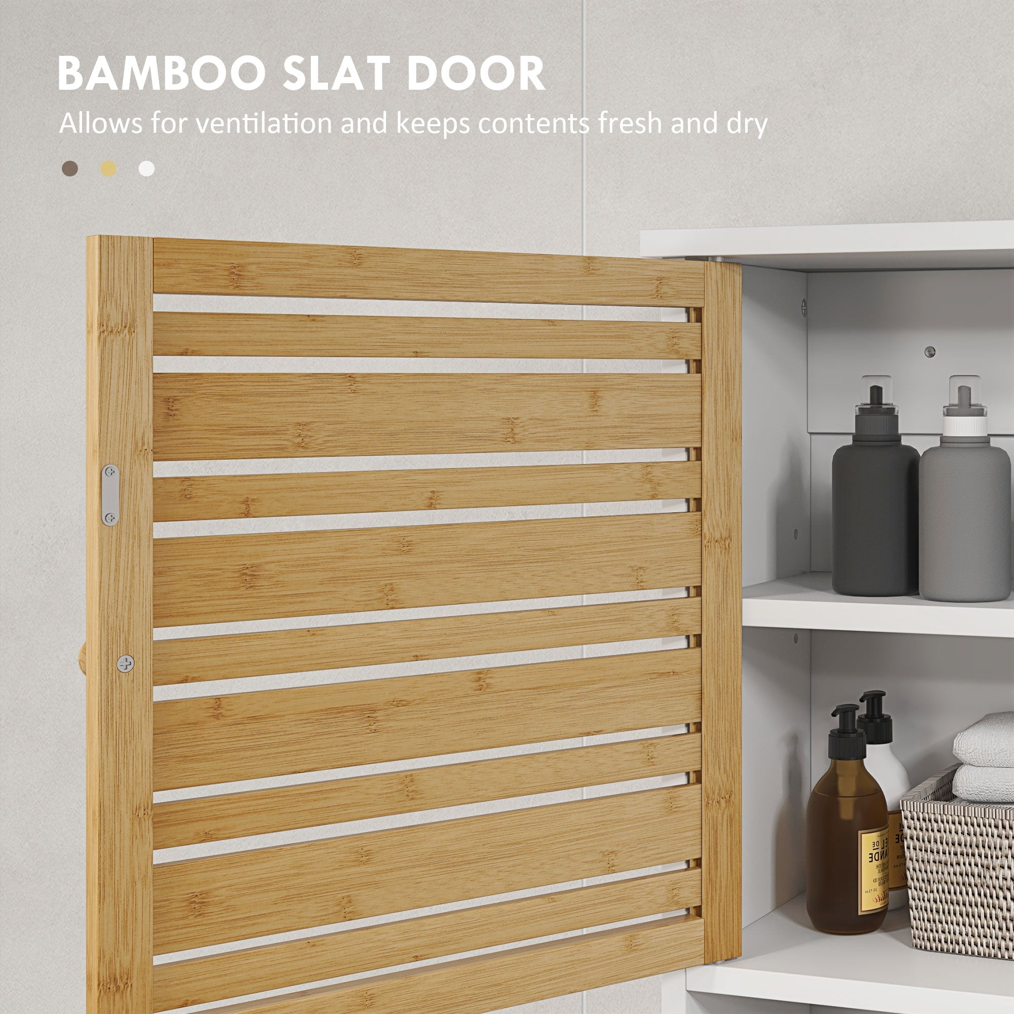HOMCOM Wall Mounted Bathroom Cabinet Storage Bamboo Slat Door Adjustable Shelf White 