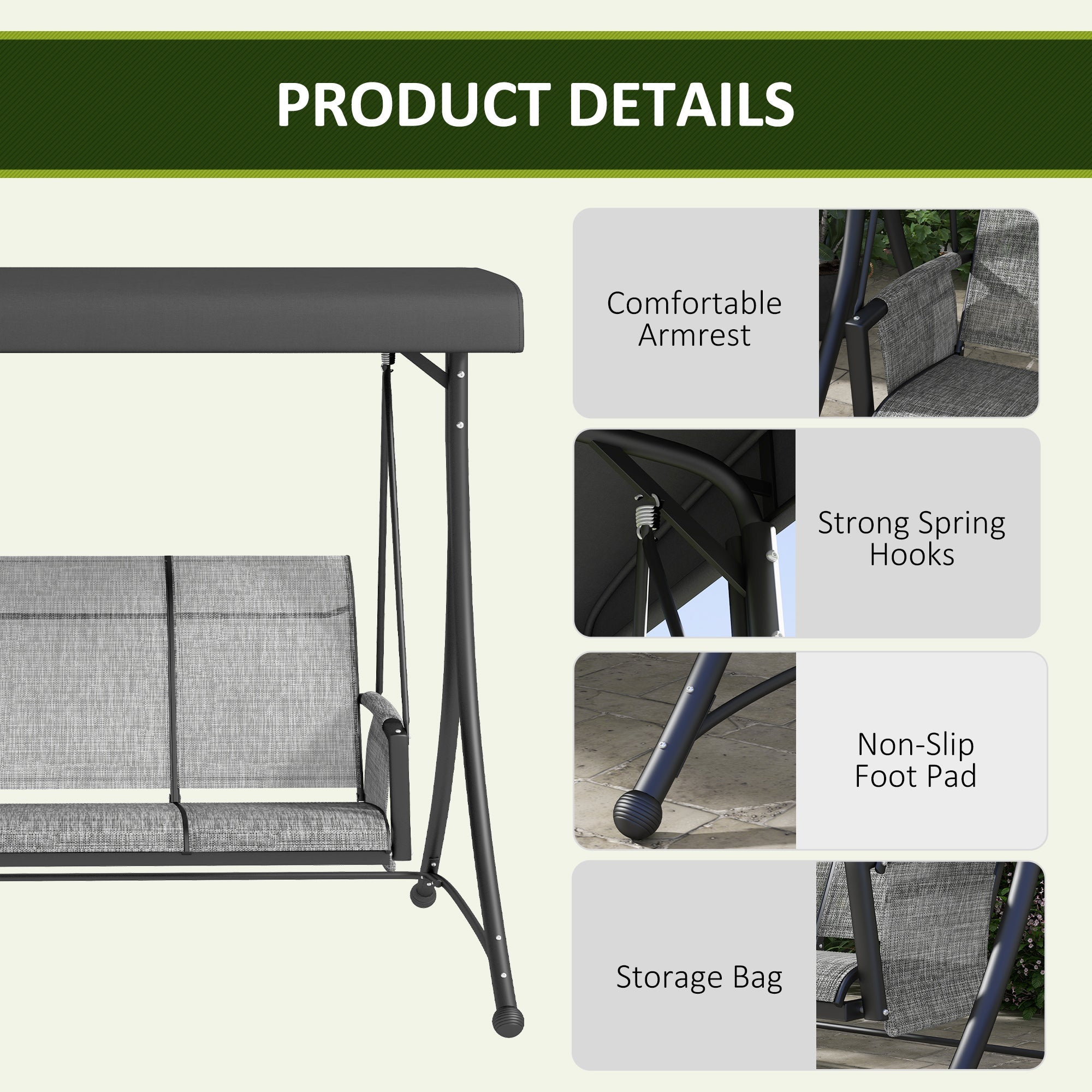 Outsunny 3 Person Outdoor Swing Chair - Adjustable Canopy for Optimal Shade, Comfortable Seating, Sleek Black 