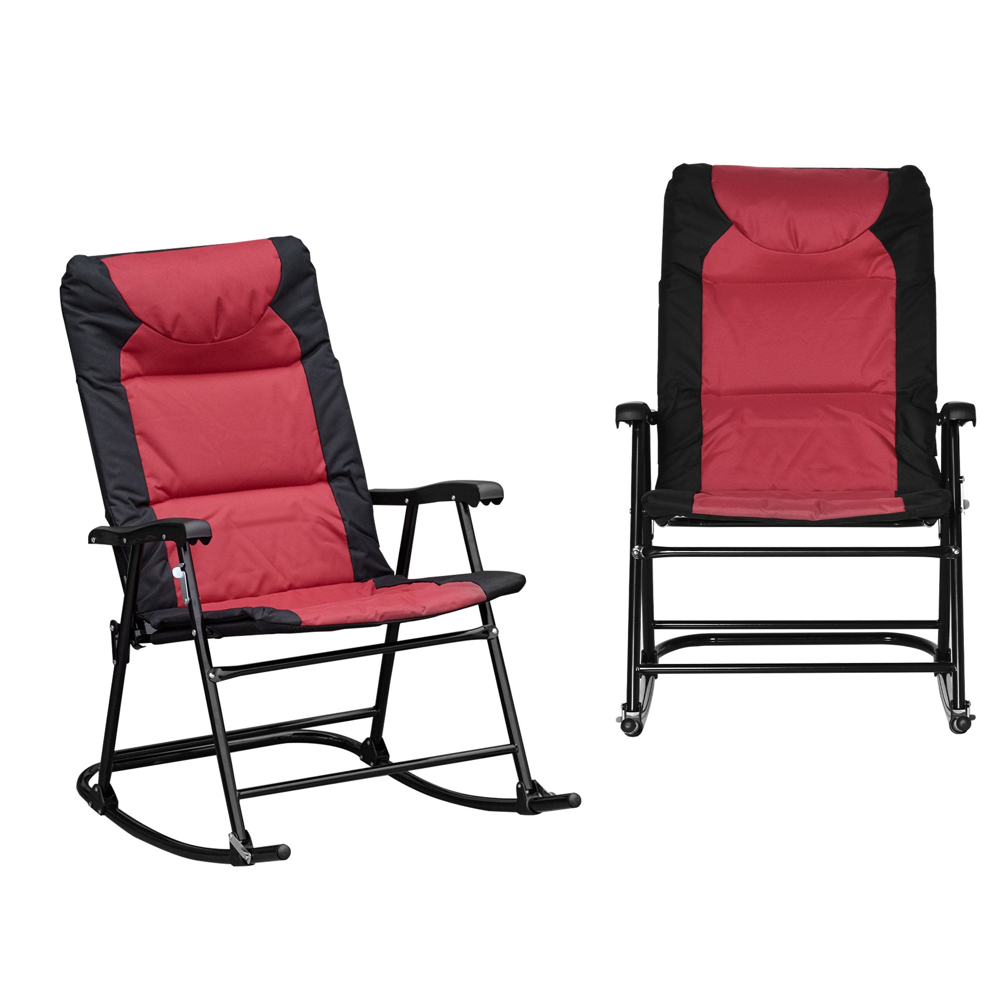 Outsunny Folding Rocking Chair Set 2 Pack Padded with Armrest Red Black for Outdoor Comfort 