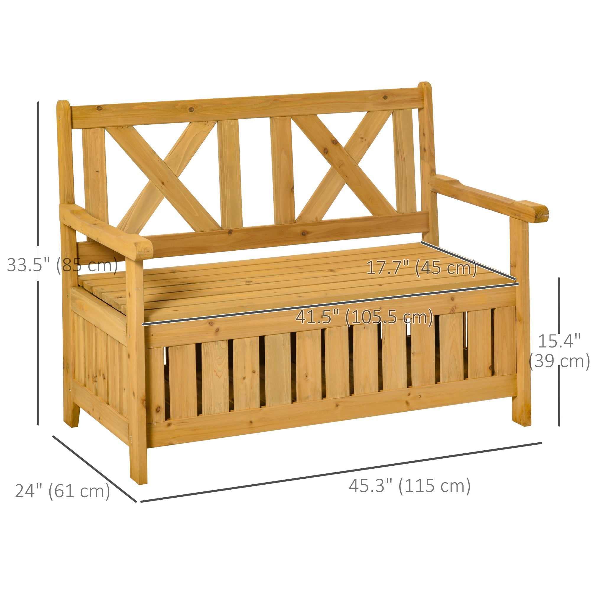 Outsunny Wooden Outdoor Storage Bench 2-Person Patio Bench with Louvered Side Panels and X-Shape Back for Garden, Patio, Natural 