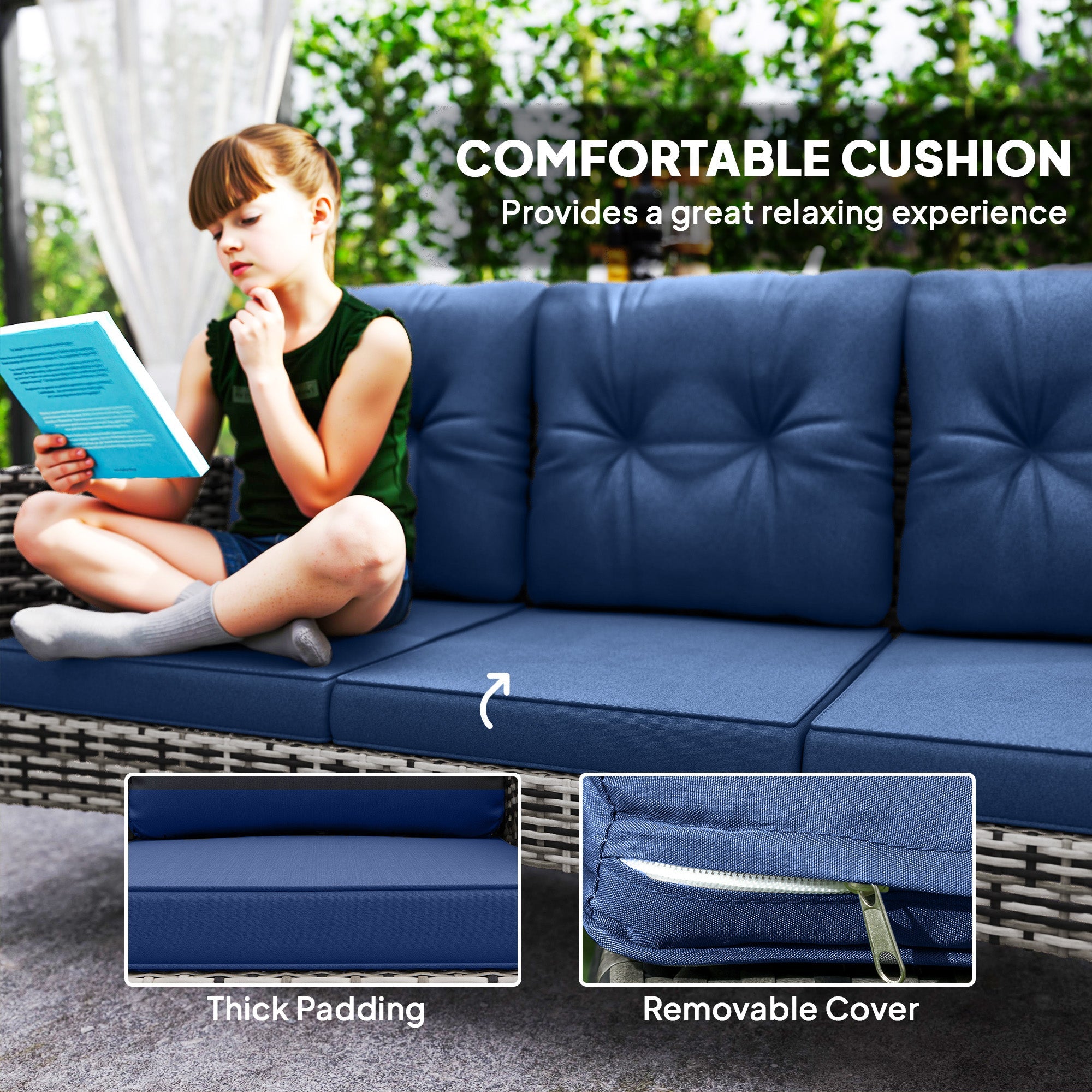 Outsunny 6 Piece Patio Furniture Set with Patio Chairs, Ottomans, Sofa, Glass Top Table and Cushions, Wicker Rattan Outdoor Furniture Set for Backyard, Porch, Navy Blue 