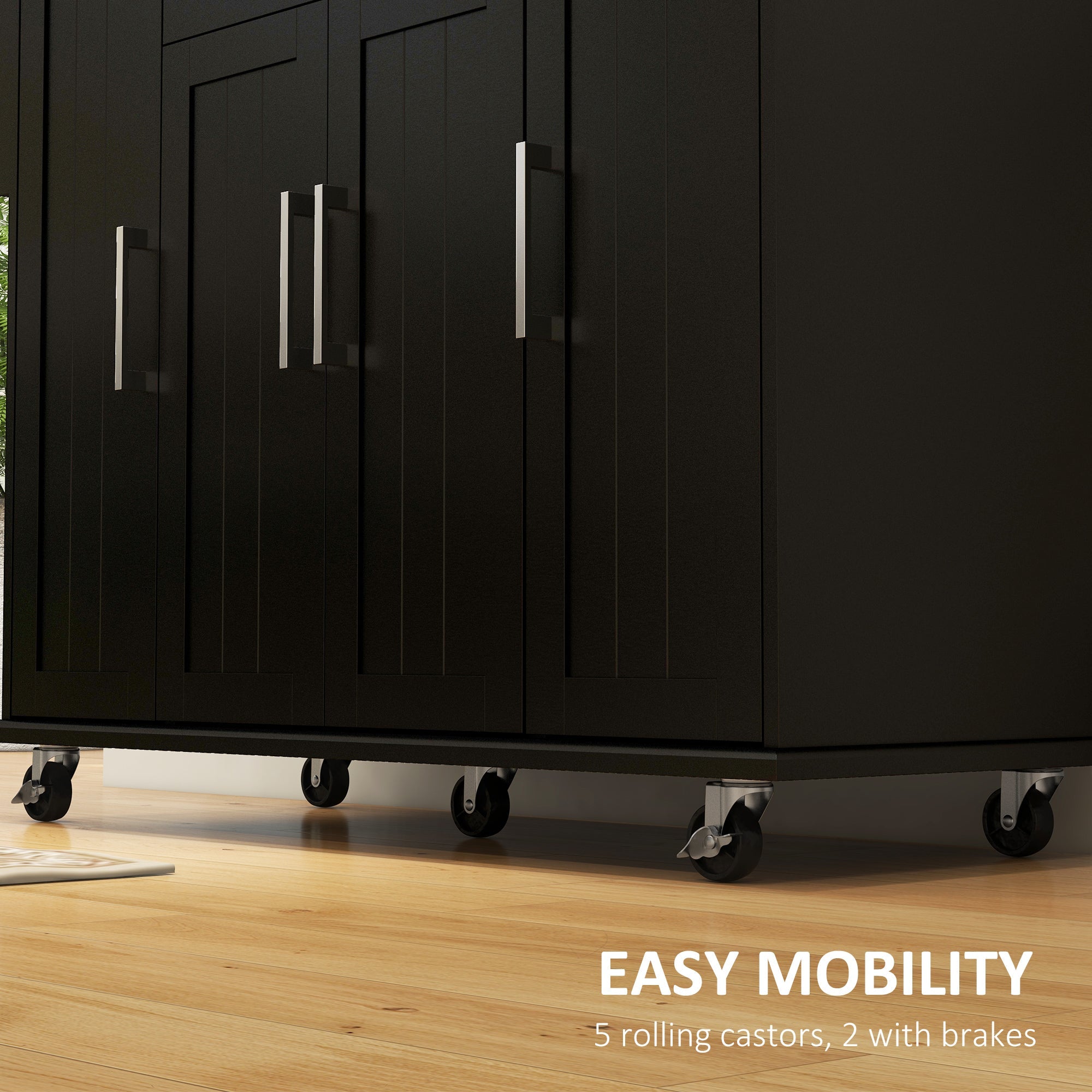 HOMCOM Modern Rolling Kitchen Island Cart with Drawers, Natural Wood Top, Towel Rack, Door Storage Cabinet, Black 