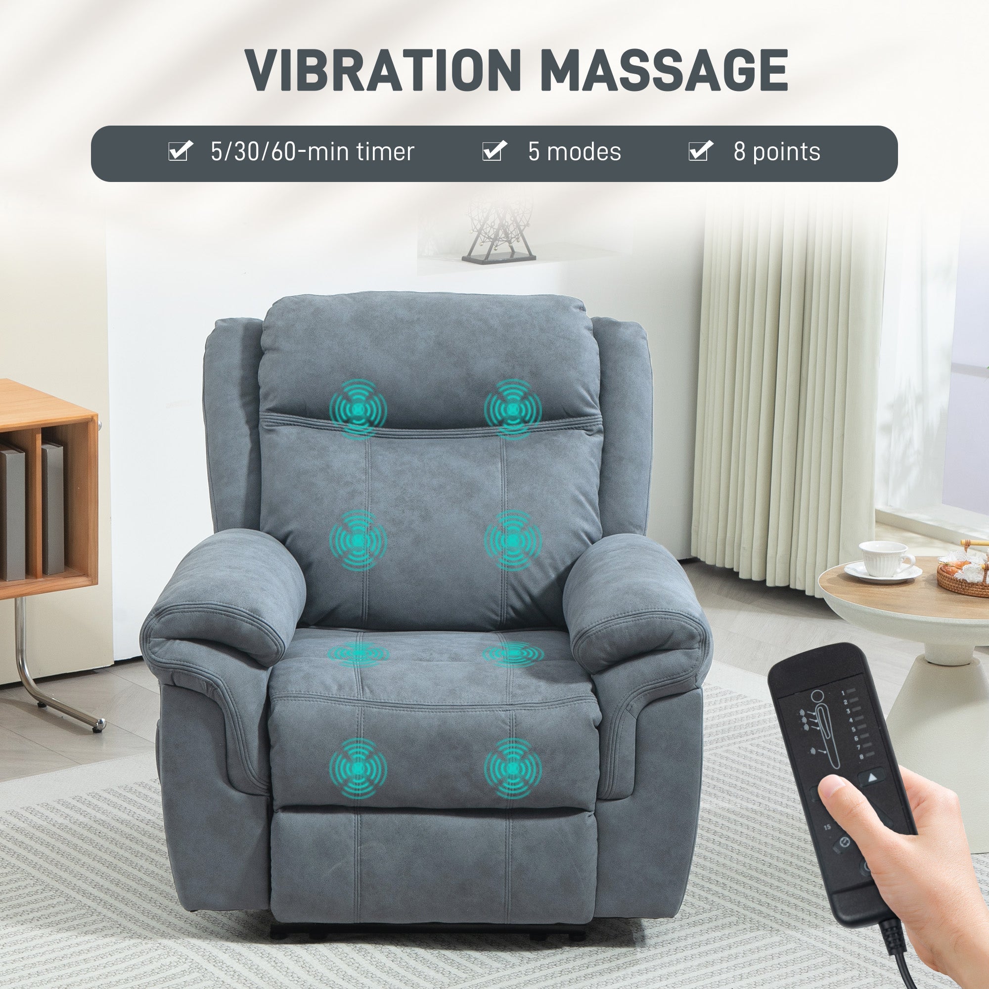 HOMCOM Manual Recliner Chair with Vibration Massage, Side Pockets, Microfibre Reclining Chair for Living Room, Blue 