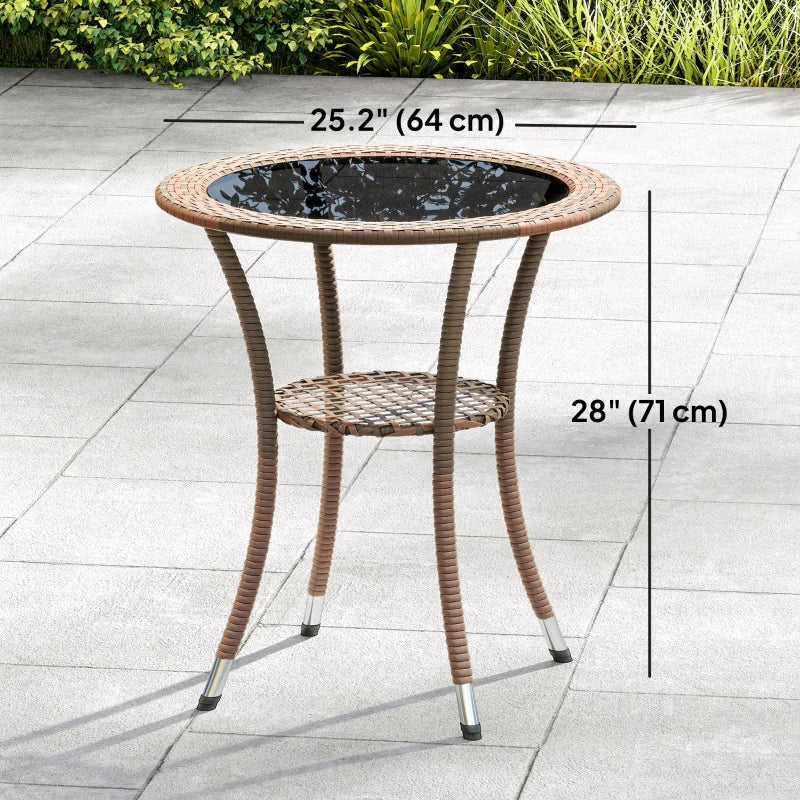 Outdoor Rattan Dining Table, Patio Wicker Round Coffee Table with 2-Tier Storage Shelf, Brown