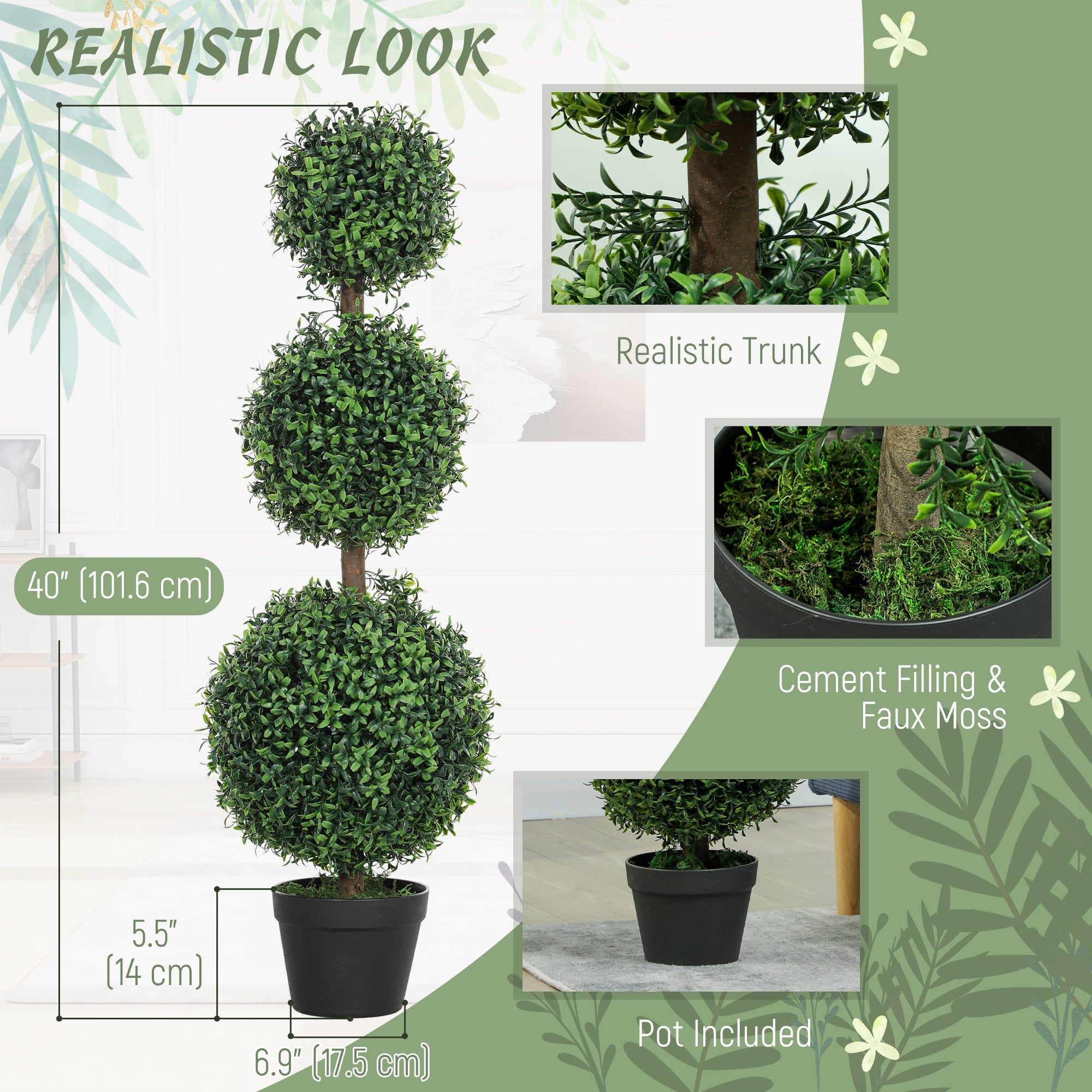HOMCOM 2 Pack 39.4" Artificial Trees, Boxwood Topiary Ball Trees with Pot for Indoor, Outdoor, Home Office, Living Room, Green 