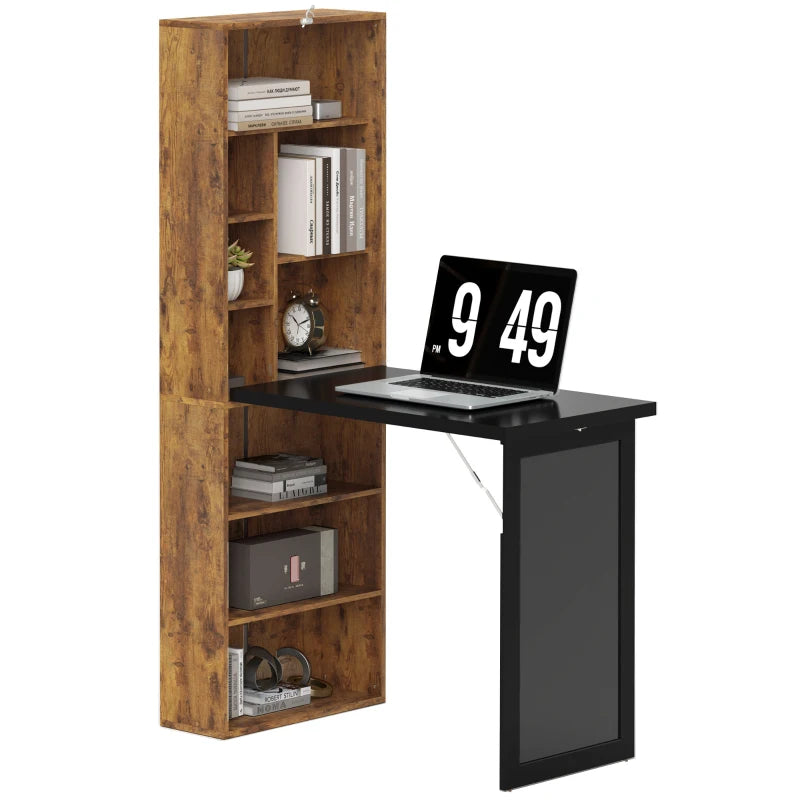 Fold-out Convertible Office Desk, Wall Mount Computer Desk with Blackboard and Side Shelf, Rustic Brown
