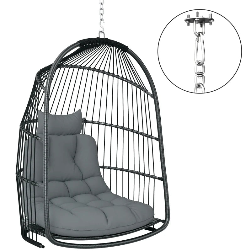 Hanging Egg Chair, Foldable Rattan Garden Swing Chair with Installation Kit, Thickened Cushion and Headrest, Dark Grey