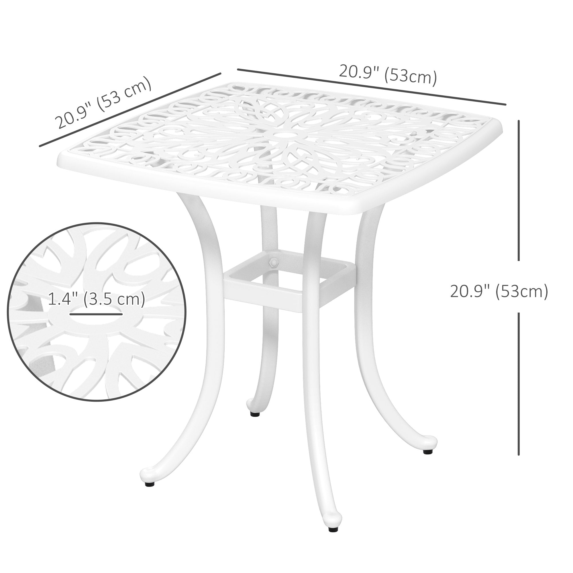 Outsunny 21" Square Cast Aluminum Outdoor End Table with Umbrella Hole Patio Side Table for Garden Balcony Poolside White 