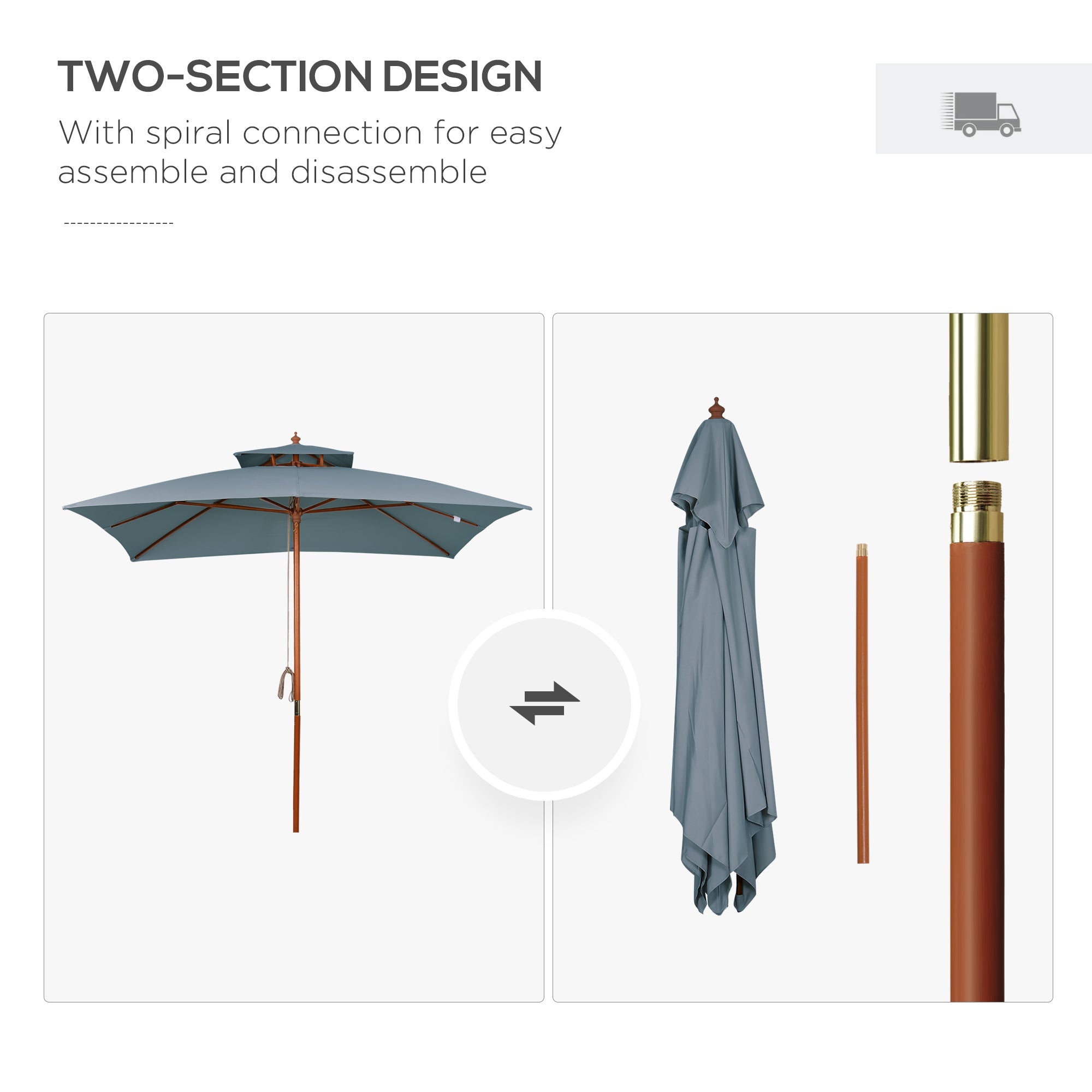 Outsunny 10x10ft Garden Market Parasol Wood Square Patio Umbrella Sunshade Canopy with 2 Pulley Pagoda Style Dark Grey 
