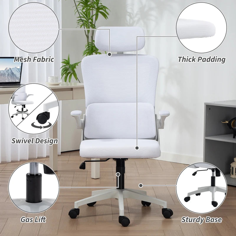 High Back Office Chair, Mesh Computer Chair with Rotatable Headrest, Lumbar Back Support, Adjustable Height, Cream White
