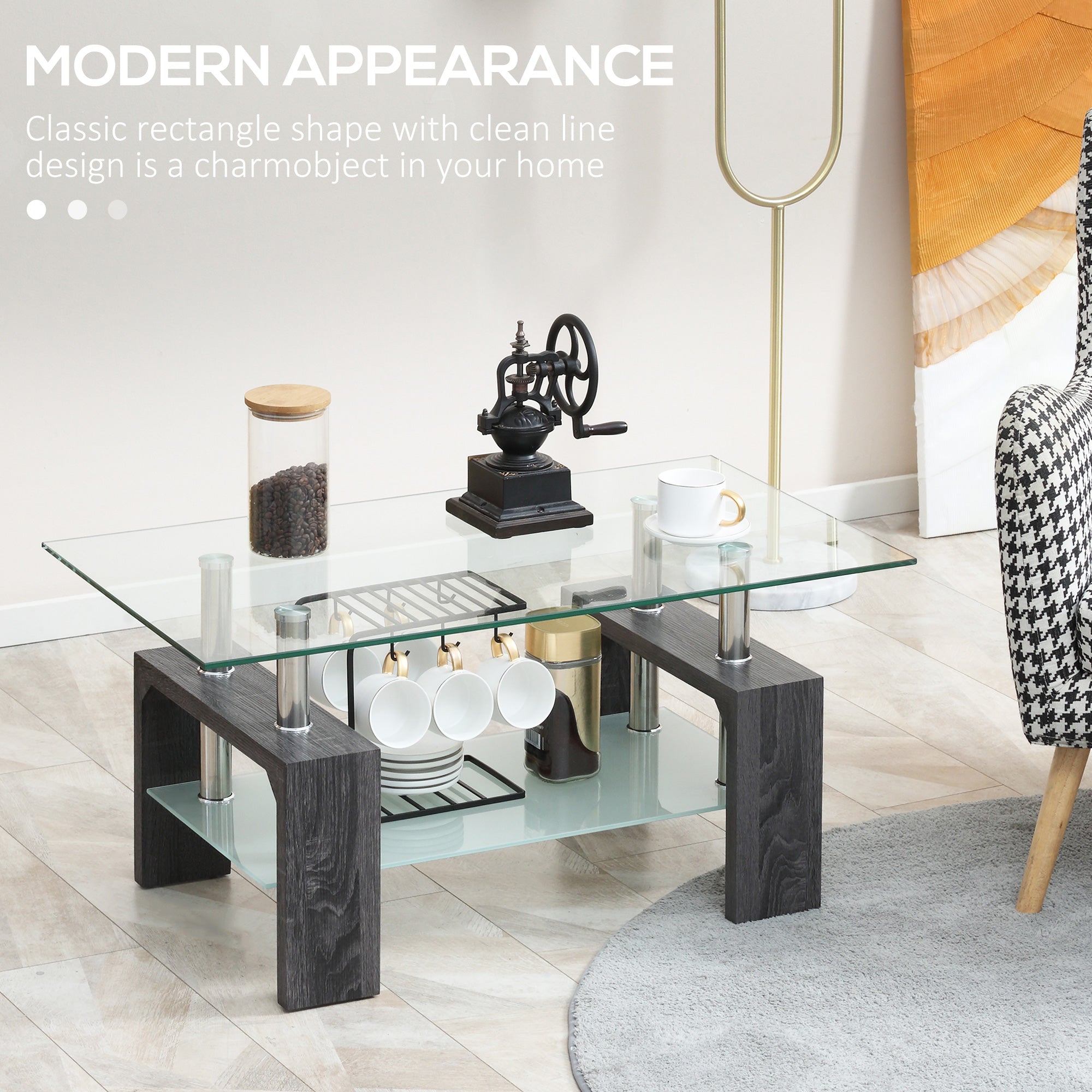 HOMCOM Modern Grey Centerpiece: Rectangle Coffee Table with Storage Shelf, 2-Tier Tempered Glass Top for Living Room 