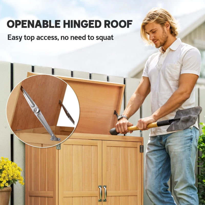 Wooden Garden Tool Storage Shed Kit with Hinged Roof, 2-Tier Shelves and Double Doors, 74x43x88cm, Natural Wood