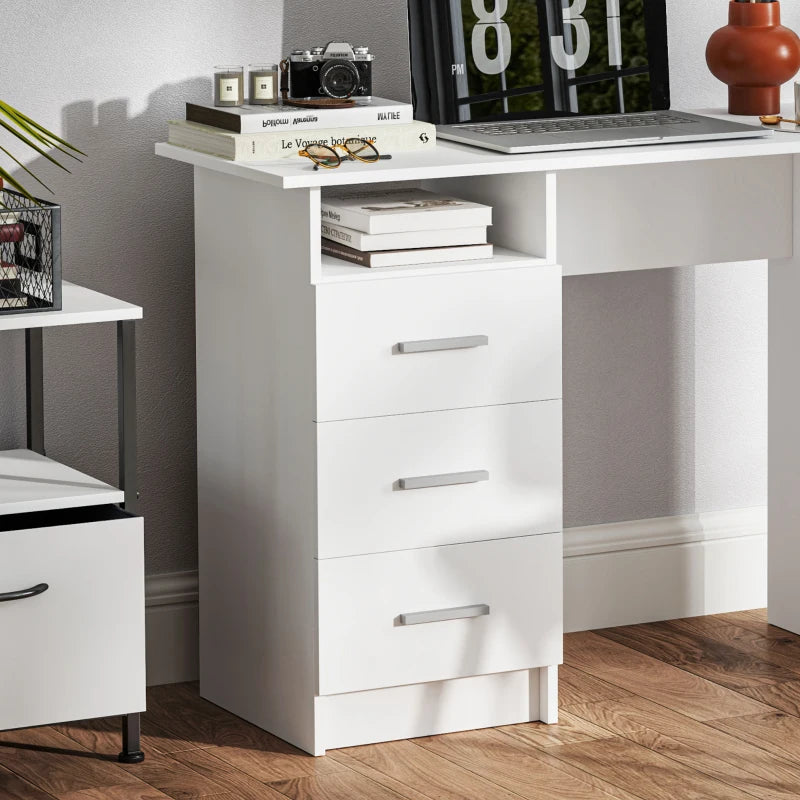Computer Desk with Storage, 39" Home Office Desk with 3 Drawers nad Open Shelf, Writing Table for Bedroom, White