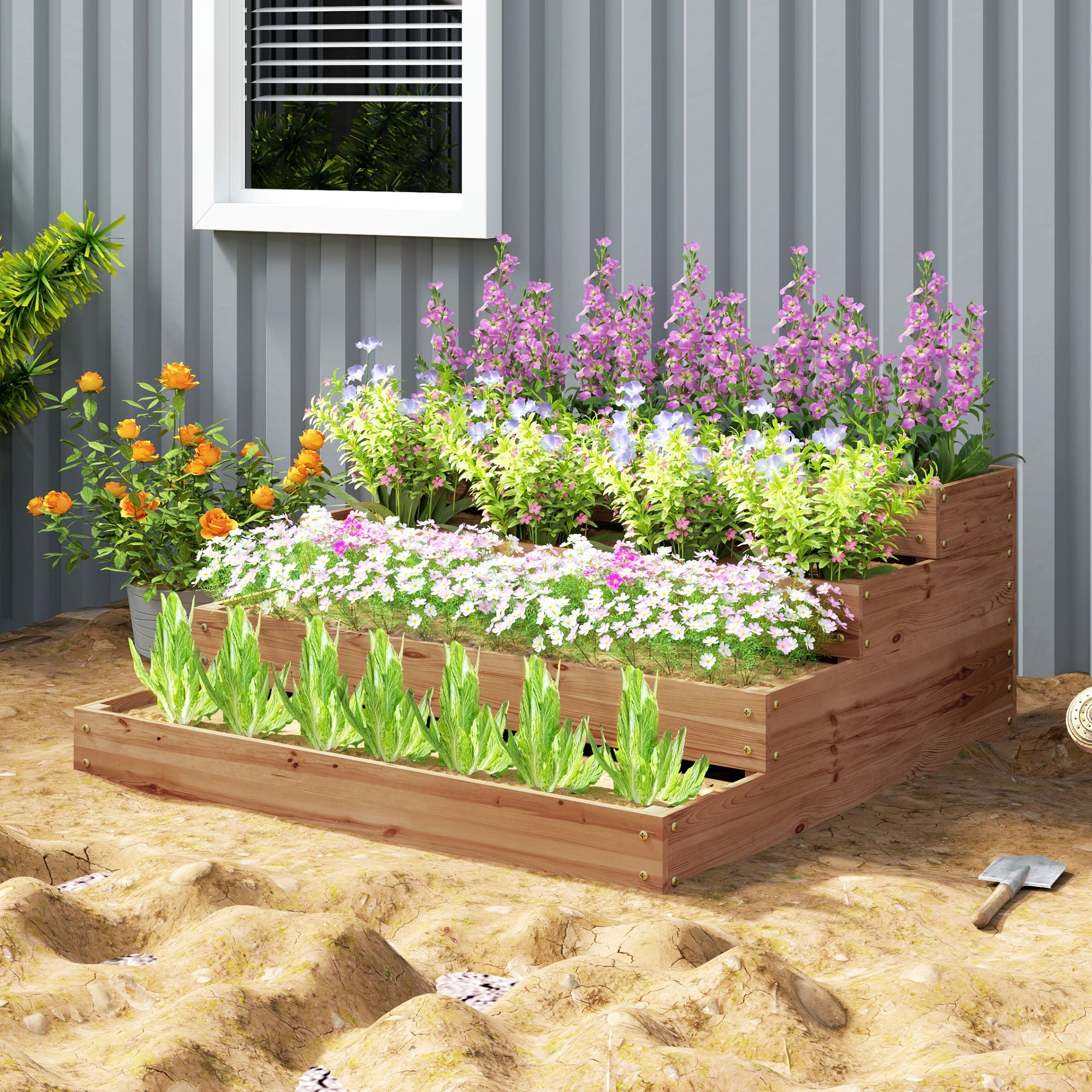 Outsunny 4-Tier Raised Garden Bed, Vertical Wooden Elevated Planter Box Kit with Liner for Vegetable, Flower, Herb, Dark Brown 