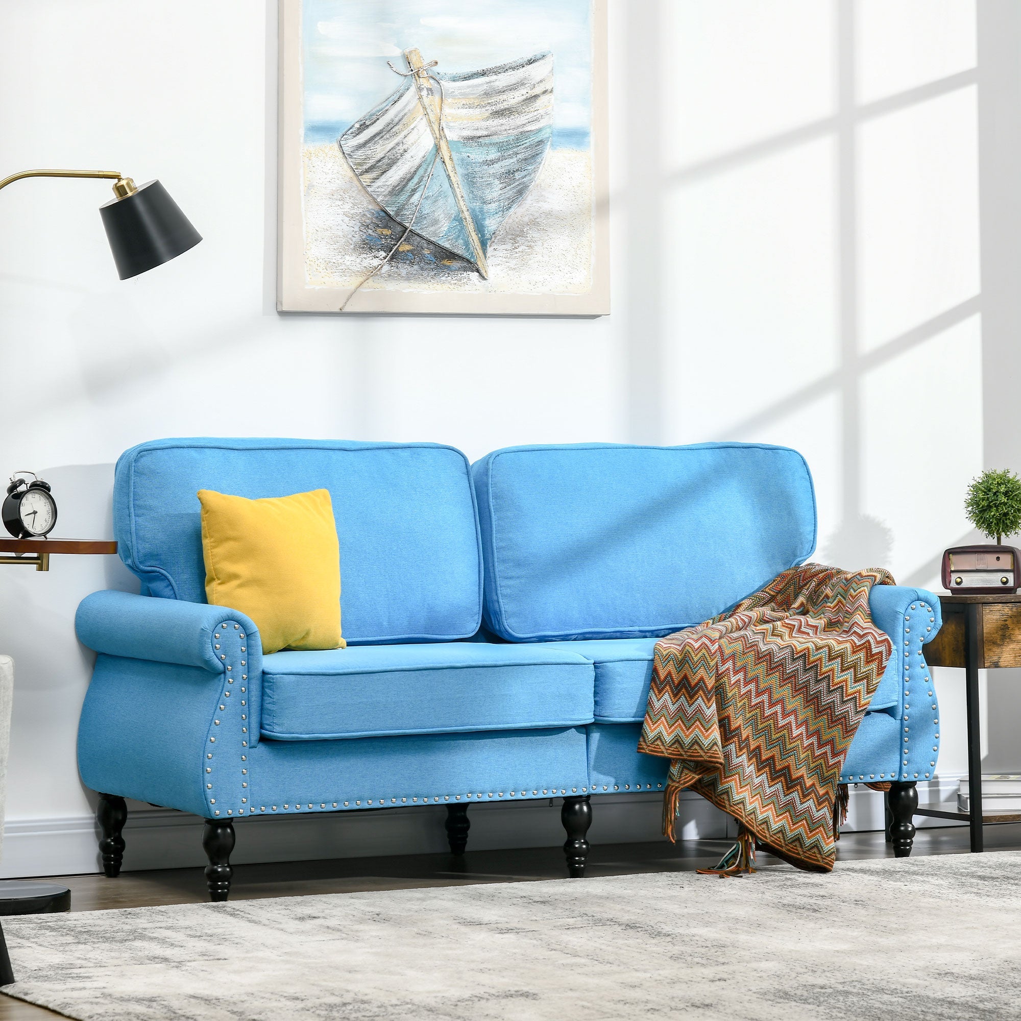 HOMCOM Traditional Style Double Sofa with Sponge Padding and Rubber Wood Leg, 2 Seater Nail Head Accent Loveseat, Light Blue 