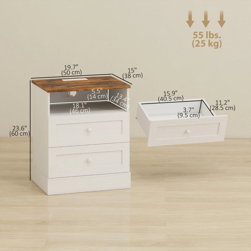 HOMCOM Nightstand Set of 2 with Charging Station, Bedside Tables with 2 Drawers, Open Shelf, AC Outlets, USB & USB-C Ports, White & Oak