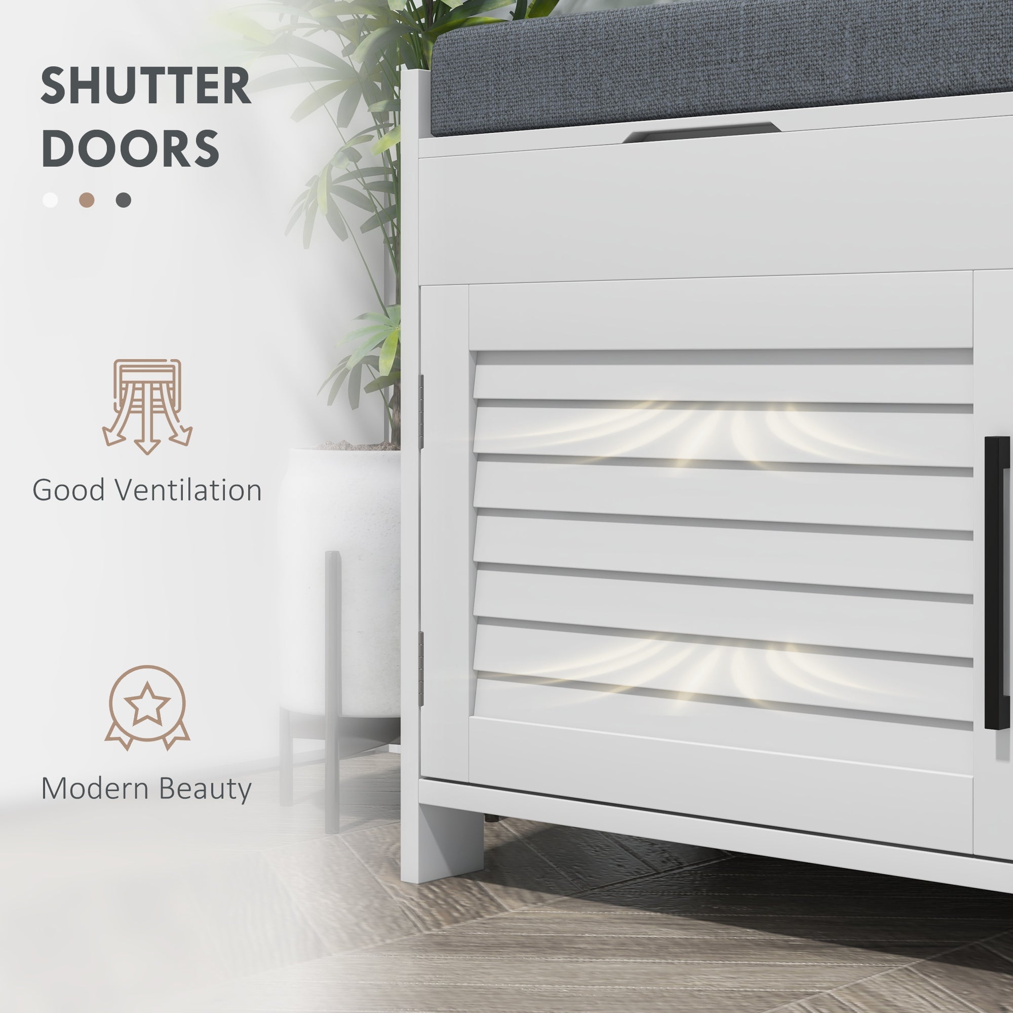 HOMCOM Entryway Bench with Cushion, Hidden Storage, Adjustable Shelves and Shutter Doors, 35.4" Shoe Bench, White 