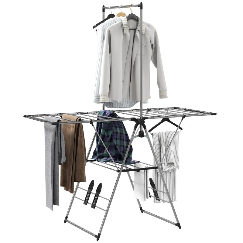 Clothes Drying Rack, Foldable Stainless Steel Laundry Drying Rack with Adjustable Gullwings and Shoe Holders, Silver