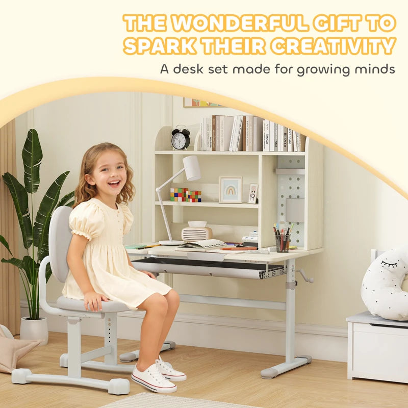 Qaba Kids Desk and Chair Set with Tilting Desktop, Adjustable Height, Drawer and Shelves for Boys Girls Ages 3-12, Grey