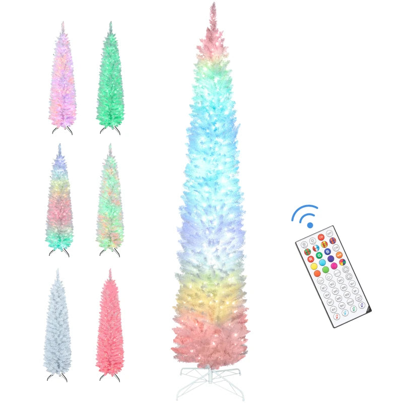 9ft Christmas Tree with Colourful DIY Synchronized LEDs, Hinged Pencil Xmas Tree with Remote, Daily Timer, White