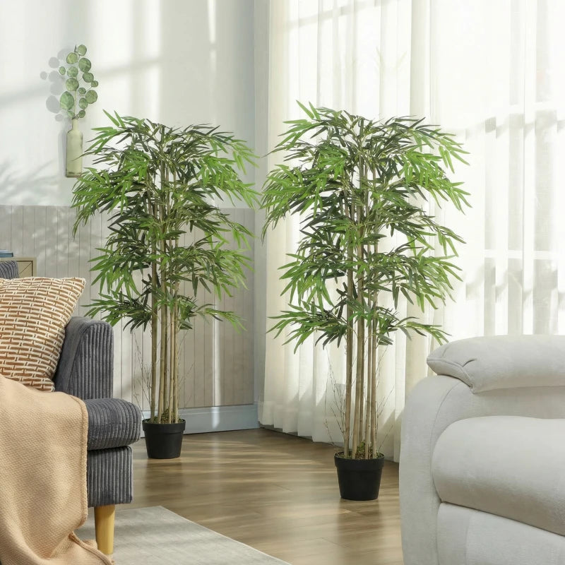 5FT Artificial Bamboo Tree Set of 2, Fake Plant with 1095 Leaves, Greenery Plant in Nursery Pot for Indoor, Green