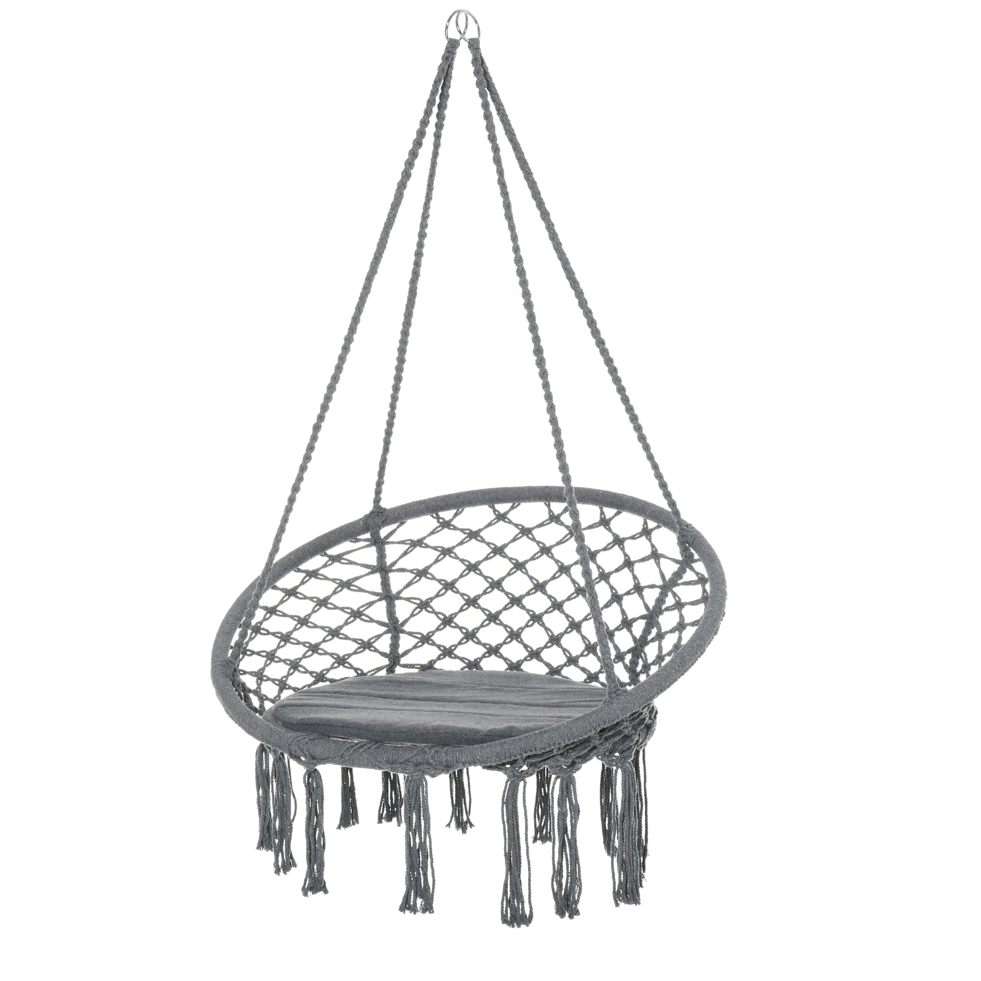 Outsunny Patio Hammock Chair, Hanging Rope Hammock Swing for Indoor & Outdoor Use with Backrest, Cotton-Polyester Blend, Fringe Tassels, Dark Grey 