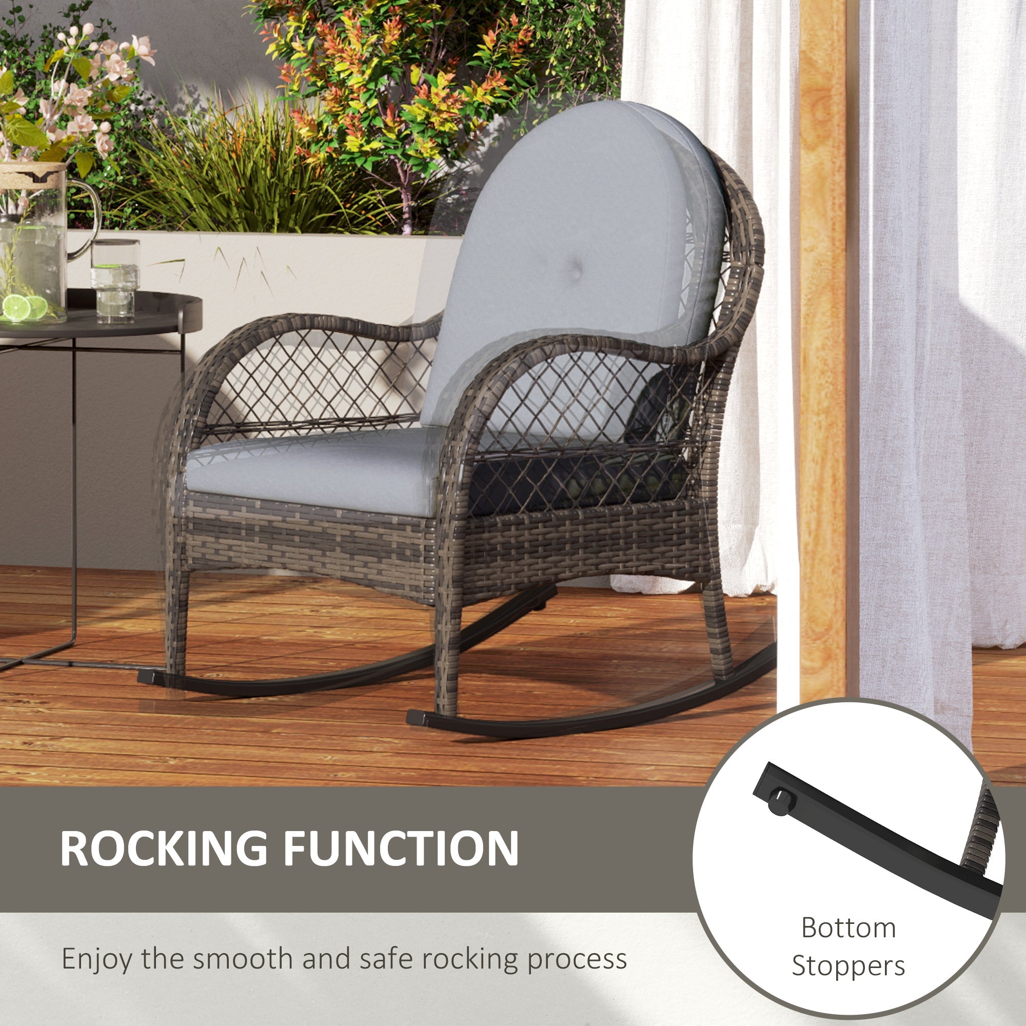 Outsunny 2 Pieces Wicker Rocking Patio Chairs, Indoor Outdoor Rocking Chair Set with Cushions and Armrests for Porch, Grey 