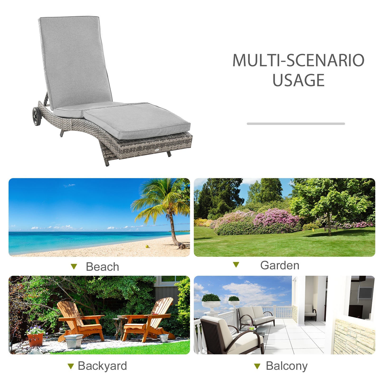 Outsunny Rattan Wicker Sun Lounger with Adjustable Backrest S Shape Outdoor Chaise Lounge Relaxer for Patio Deck Poolside Grey 