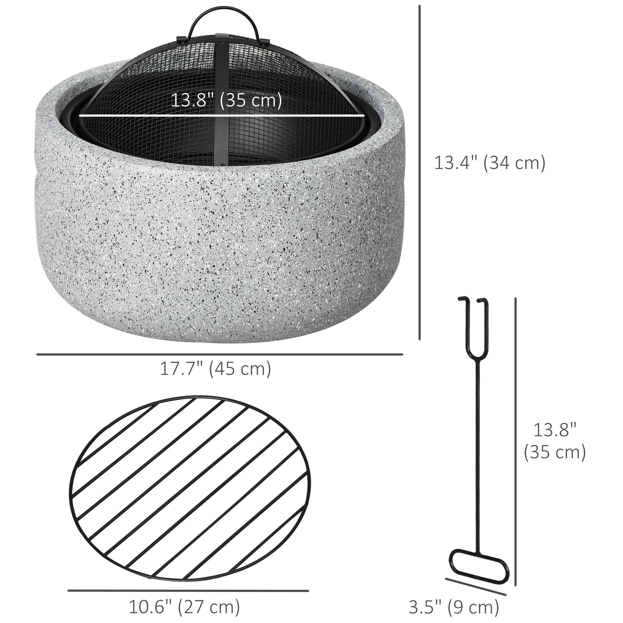 Outsunny 18" Round Outdoor Fire Pit Grey with Poker Spark Screen Wood-burning Bowl Handles Backyard Camping 