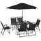 8 Piece Patio Set with Umbrella, 6 Folding Chairs, Rectangle Table, Outdoor Dining Set for 6 with Mesh Seat, Black