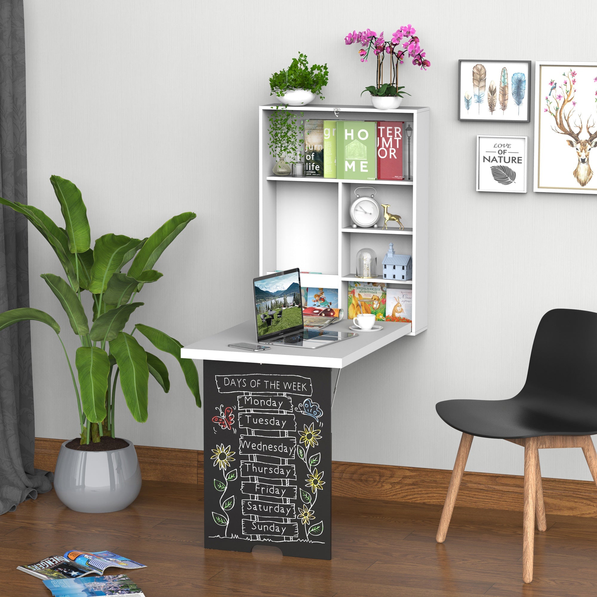 HOMCOM Convertible Wall Mounted Desk Fold Out Space Saving Writing Floating Board White Black 