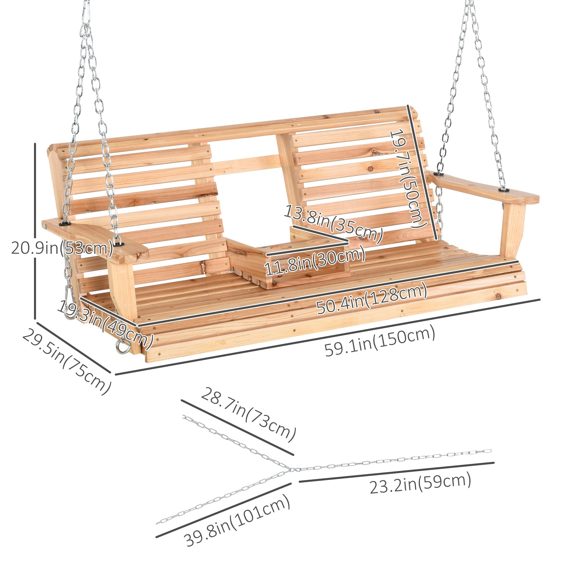 Outsunny 3-Seater Patio Swing Chair with Foldable Table & Cup Holders, Durable Wood Porch Swing, Steel Chains, Natural Finish 