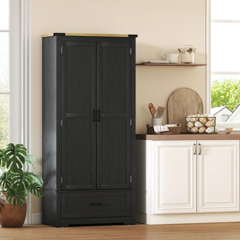69" Tall Farmhouse Kitchen Pantry Cabinet with 2 Doors, Drawer and Adjustable Shelves, Black and Brown