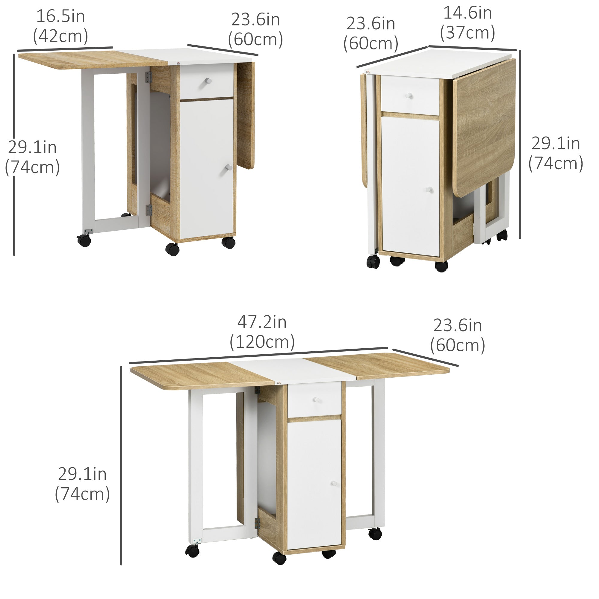 HOMCOM Foldable Dining Table for Small Spaces with Drawers Cabinet Caster Wheels Oak Movable Drop Leaf 