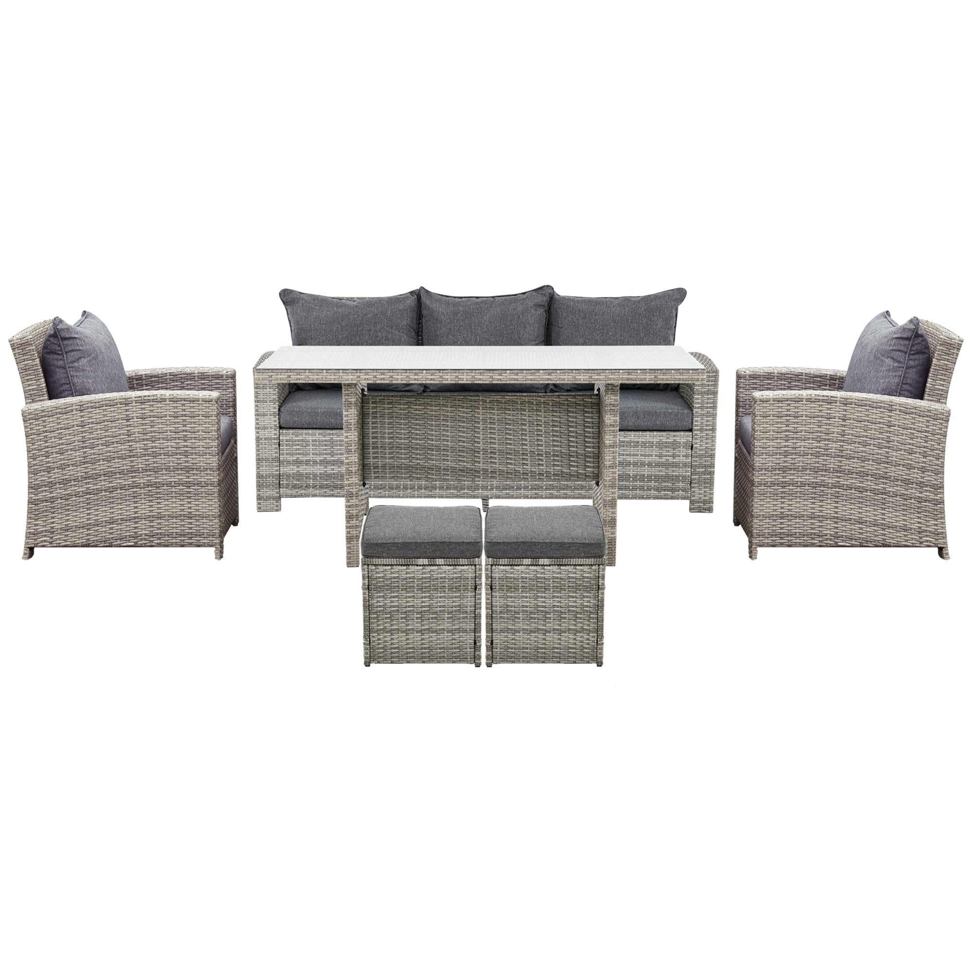 Outsunny 6 Pcs Patio Furniture Set, Rattan Outdoor Furniture Set with 3 Seater Sofa, Armchairs, Footstools and Table, Light Grey 