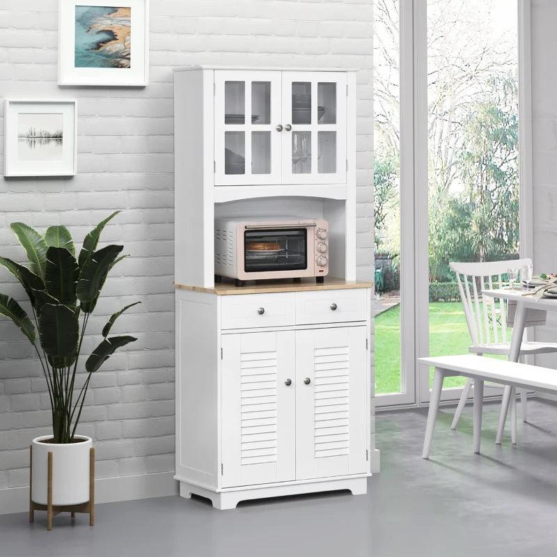 Coastal Style Kitchen Buffet and Hutch Wooden Storage Cupboard with Framed Glass Door LouveredCabinet  Drawers Microwave Space for Dining Room  Living Room  White