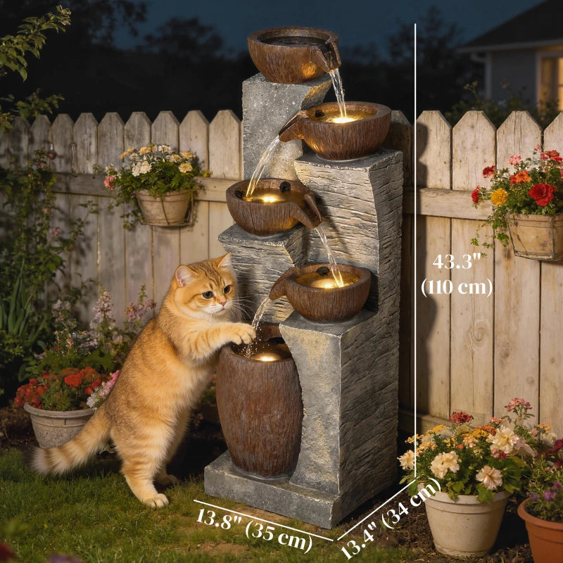 Outdoor Cascading Rock Water Fountain, 5-Tier Waterfall Feature with LED Lights, Adjustable Flow, Grey and Rustic Brown